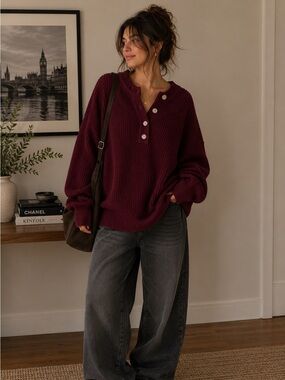 Natural Reflections Burgundy Henley Waffle Knit Shaker Stitch Sweater Size L-2X